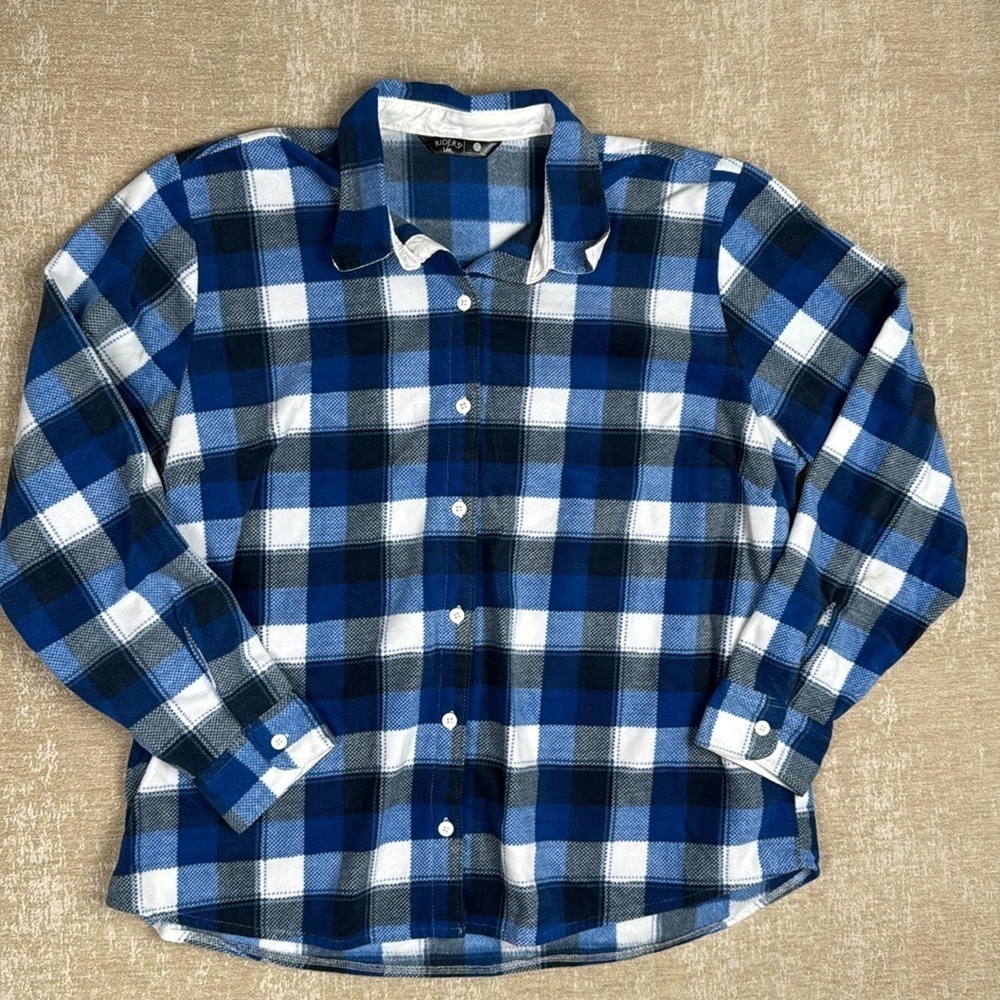 Riders By Lee Shirt Womens Sz XXL Blue Plaid Flannel Button Up Long Sleeve